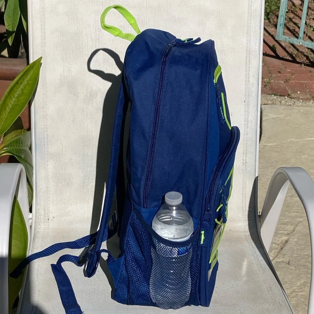 Blue Backpack with Green Trim Side Pockets New